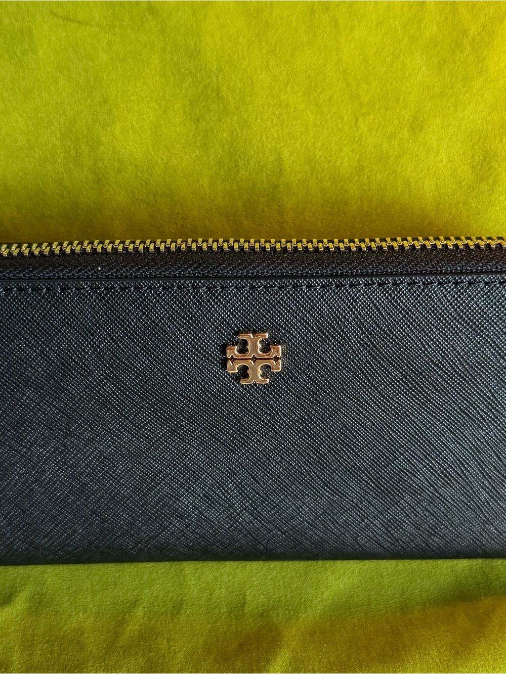 Tory Burch Black Saffiano Zip-Around Wallet with Gold Logo Accent